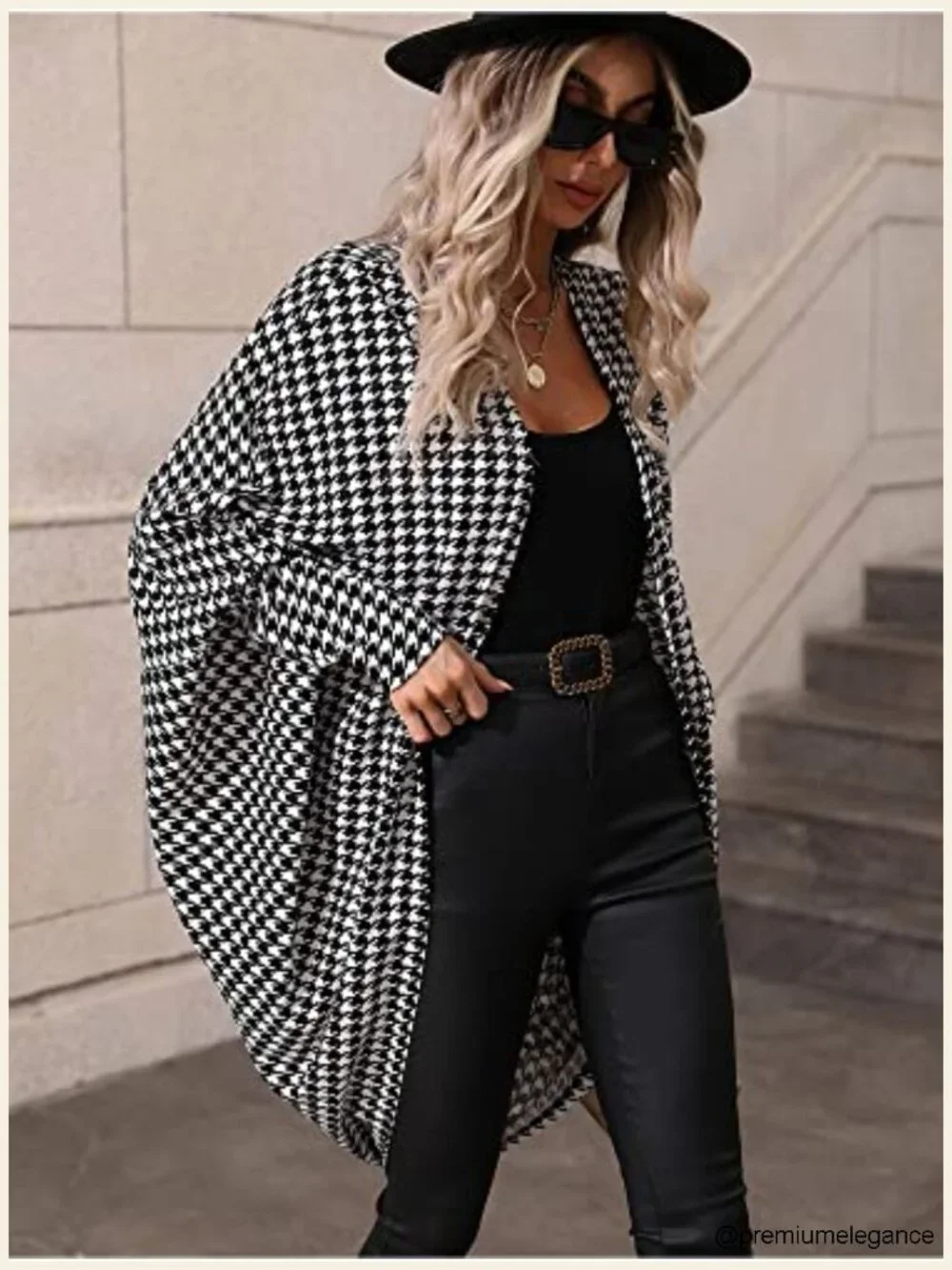 Houndstooth Blazer Jacket Batwing Long Sleeve Open Front Asymmetrical Cardigan